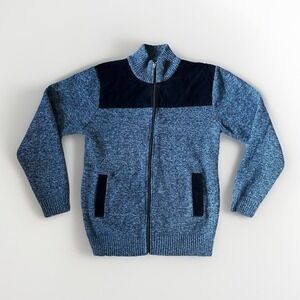 Day & Age Fleece Lined Full Zip Knit Sweater Mens M Blue Navy‎ w/ Plaid Details